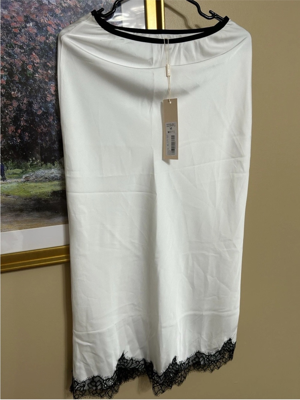 White Maxi Skirt with Black Lace Hem and Waist Trim - Picture 5 of 7